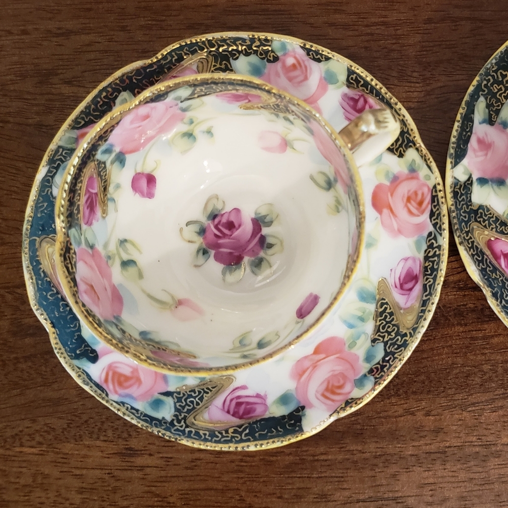 Vintage Teacups with Saucers Black & Gold Detail Pink Flowers - Picture 3 of 14